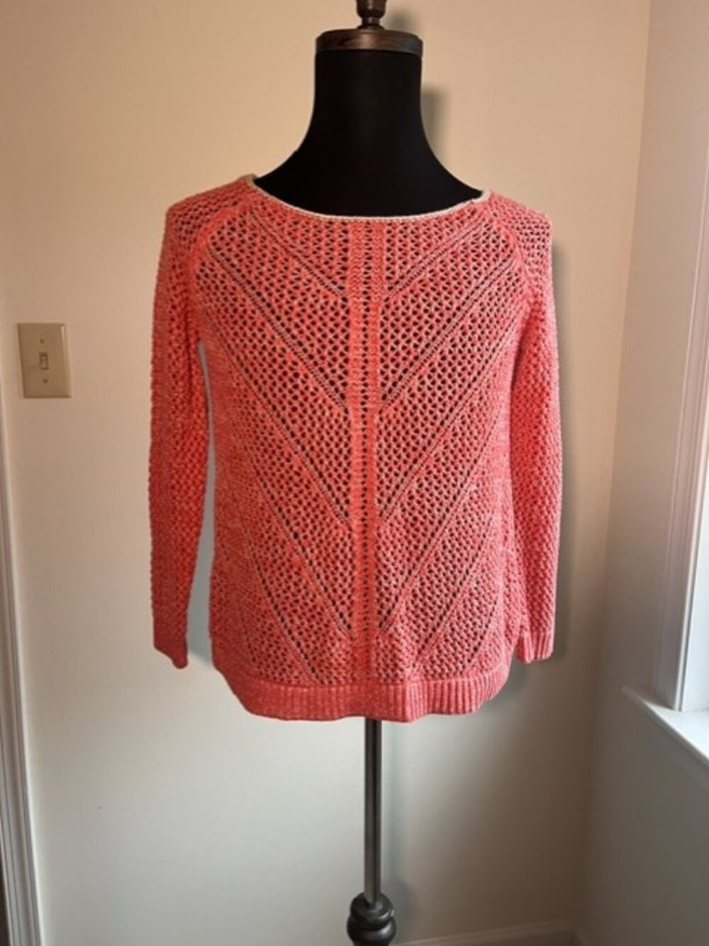 John Paul Richard Coral Pink Open Knit Chevron Pullover Sweater Size M